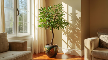 Elegant plant house plant with slender branches and vibrant green foliage sitting in a decorative ceramic pot adorned with colorful ornaments and placed by a sunny window with soft white curtains