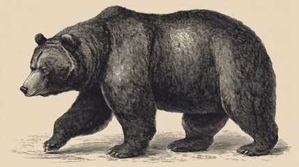 Fototapeta premium A brown bear is shown walking on all fours in a detailed depiction. The bear has a thick body and a prominent head. The setting is a simple background.