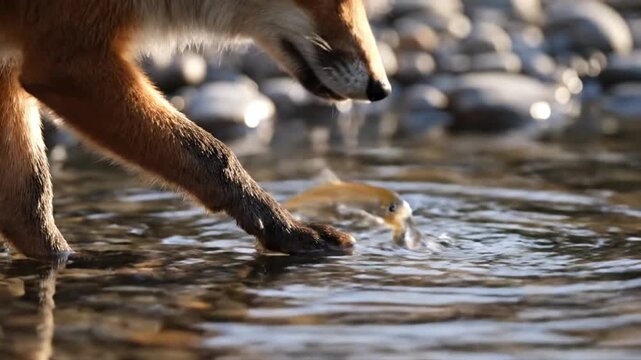 Red fox successfully fishing in shallow river water catching a small fish.