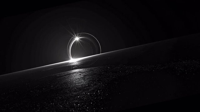Abstract white circle light with lens flare animation over a dark reflective surface. Animated video with transparent background for easy compositing and overlay effects in futuristic projects.