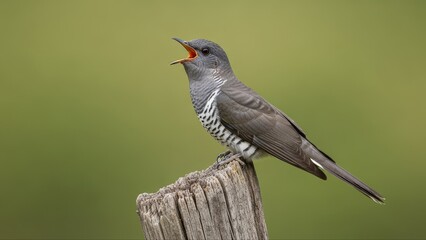 Obraz premium A Beautiful Cuckoo Bird Singing on a Wooden Post Against a Green Background.