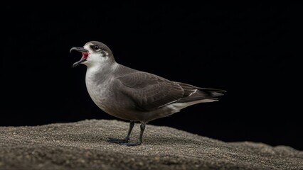A solitary seagull with an open beak against a black background.
