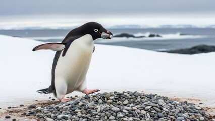 Obraz premium Adelie Penguin Standing on a Rocky Nest in Antarctica.