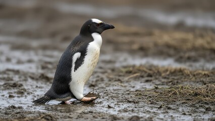 Fototapeta premium Adorable Penguin Standing on Muddy Ground in its Natural Habitat.
