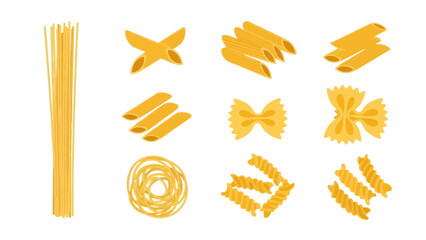 Variety of Pasta Shapes Including Spaghetti, Penne, Farfalle, and Fusilli, Italian Food Illustrations