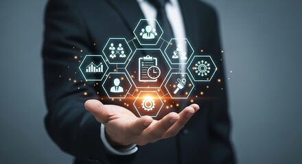 Business Management Strategy and Workflow Optimization with Digital Icons.
