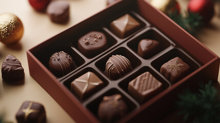 Assorted chocolate pralines in a festive box for a luxurious treat