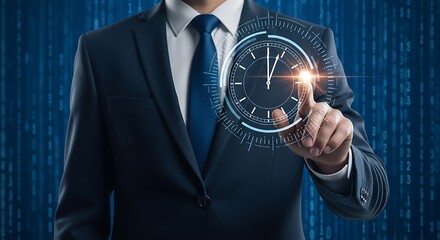 Businessman Touching Futuristic Clock Interface Representing Time Management.