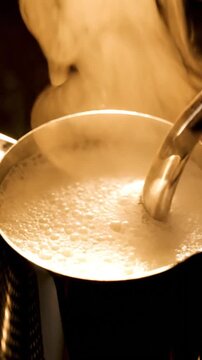 Close-up of steaming milk in a stainless steel pitcher with an espresso machine wand creating hot frothy bubbles and rising vapor