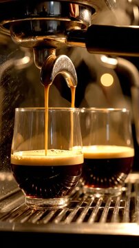 Double Shot Espresso Brewing Process from Professional Machine into Two Transparent Glass Cups with Rich Golden Crema and Steam