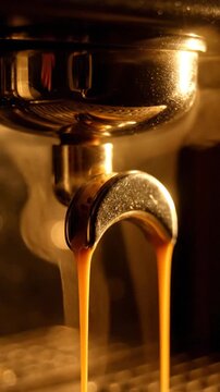 Espresso Machine Pouring Strong Coffee Beverage Liquid Through Metal Nozzle In Warm Lighting And Gradient Blur Background For