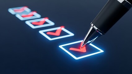 Pen marking glowing checklist boxes with red checks glowing boxes blue glow
