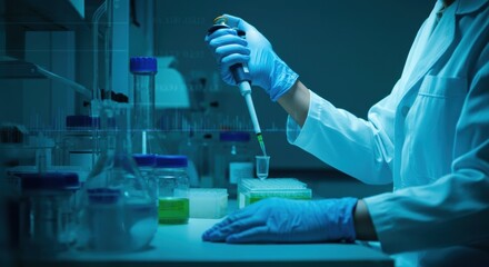 Scientist in protective gloves pipettes samples in a modern laboratory setting