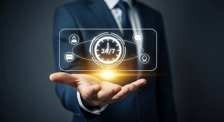 Businessman holding a 247 service icon on a transparent screen.