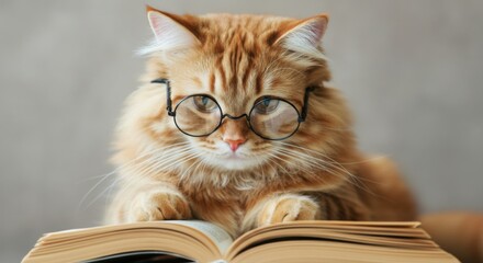 Ginger cat wearing round glasses sits behind an open book with focused gaze