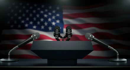 Podium with microphones set against waving American flag backdrop on stage