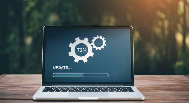 Laptop updating software showing progress gears and a loading bar on wooden desk outdoors