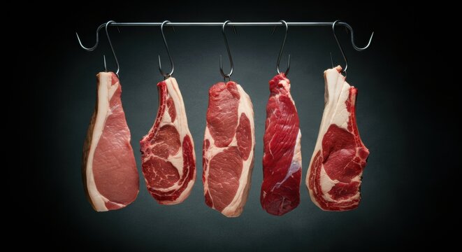 Beef cuts hang on metal hooks in a dim meat locker display for butchery scenes