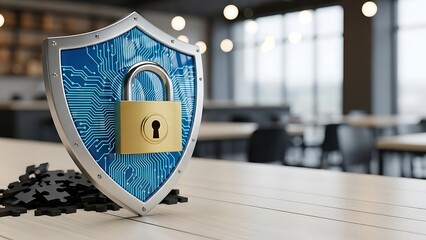 Blue circuit board shield with gold padlock on wooden table in office background