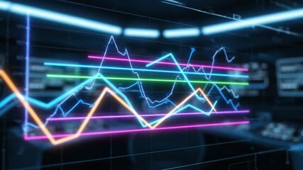 Futuristic Neon Glowing Stock Market Data Analysis Charts on Digital Display - Powered by Adobe