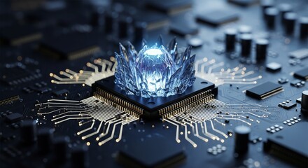 Close-up shot of a central processing unit on a black circuit board featuring a glowing blue crystal structure with golden light trails and soft bokeh background