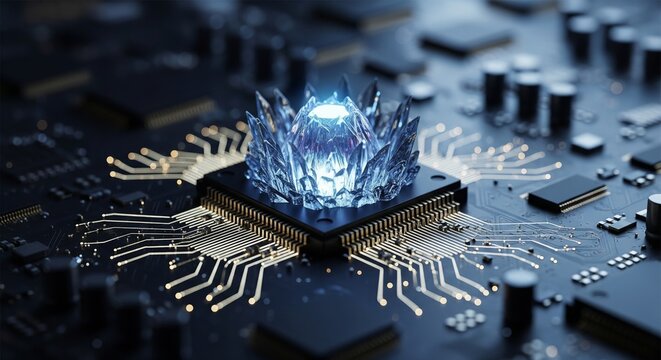 Close-up shot of a central processing unit on a black circuit board featuring a glowing blue crystal structure with golden light trails and soft bokeh background - Powered by Adobe