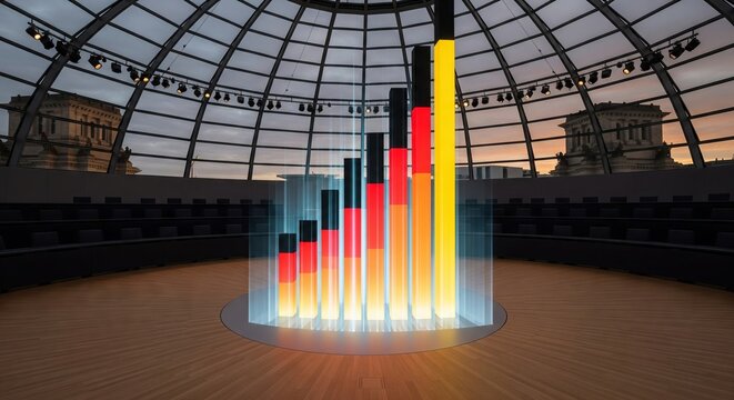 Wide shot of a glowing 3D bar chart with colors of the German flag rising in a circular modern assembly hall under a large glass dome at sunset - Powered by Adobe