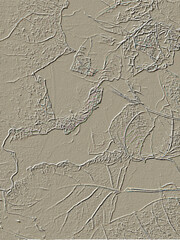 Beige, embossed, remnants of dry fallen leaves toss on a  plain textured surface. See random pattern in the abstract. Moving lines appear attached & ragged but assembled together in pattern.