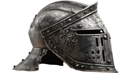 A medieval knight helmet rests on display in a museum. The helmet features intricate designs and shows signs of age. Visitors pass by observing the craftsmanship and history.