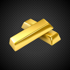 Two realistic golden bar on a black transparent background.3d golden bars