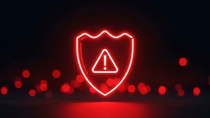Neon red shield with an exclamation mark triangle warning symbol on dark background with bokeh lights