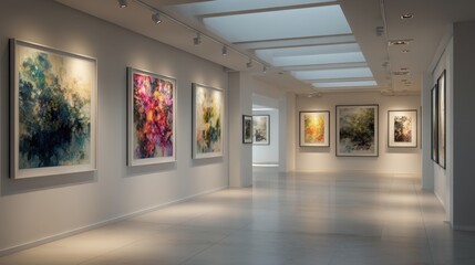 Visitors explore a bright gallery filled with colorful framed artworks hanging on white walls. Natural light enters through the ceiling enhancing the display.