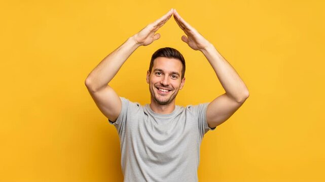 Smiling man gestures roof shape with arms against yellow background in playful sequence