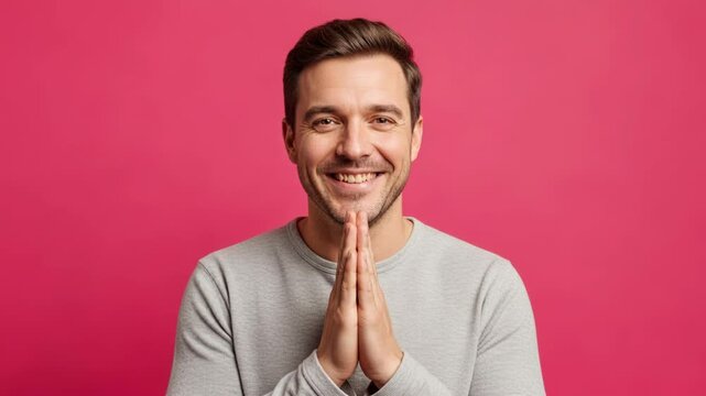 Happy man claps with joy against a vibrant pink background