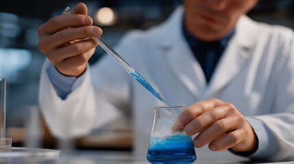 A lab technician carefully pipetting a vivid blue reagent into a crystal-clear microtube, soft LED bench lighting revealing swirling gradients as the chemical reaction begins — advanced