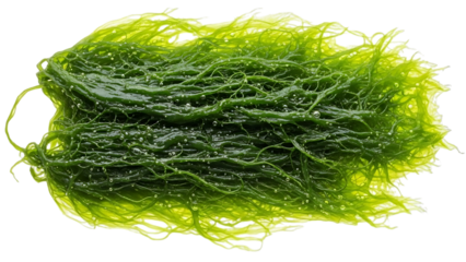 Close-up of vibrant green filamentous algae or seaweed, appearing wet and tangled on a white background, showcasing its natural texture.