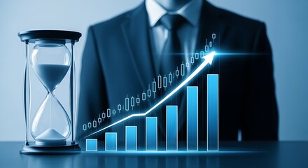 Business Growth and Time Management Concept with Hourglass and Bar Chart.