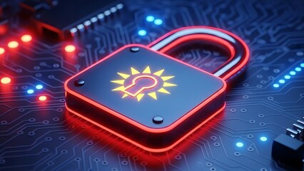 Glowing red padlock with yellow sun and keyhole on circuit board red glow
