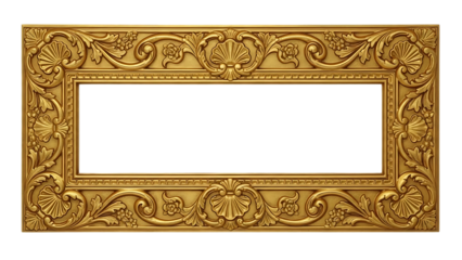 Ornate golden rectangular picture frame with intricate baroque-style carvings and an empty white space in the center, isolated on a white background.