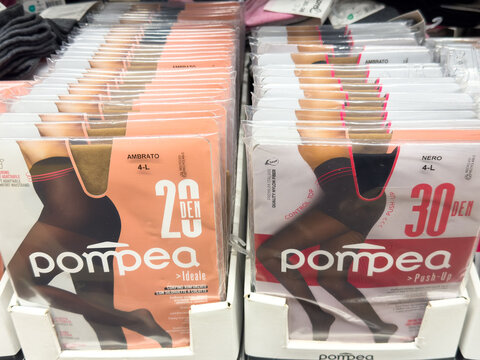 Zagreb, Croatia - December 17, 2025: Pompea brand tights displayed on store shelves, showcasing various styles and denier options, perfect for fashion enthusiasts and retail environments