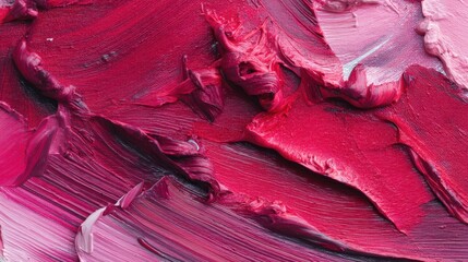 Various shades of red and pink paint are thickly applied on a palette. The vibrant colors blend together showing texture and depth suggesting creativity in a workspace.