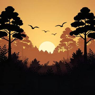Golden Sunset in Forest with Birds Illustration