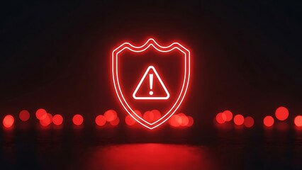 Red neon shield with warning sign on dark background with bokeh lights exclamation mark