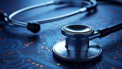 Stethoscope on blue circuit board with orange details electronic