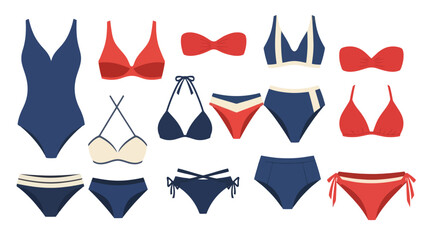 Collection of fashionable women's swimwear, including bikinis and swimsuits for summer beachwear