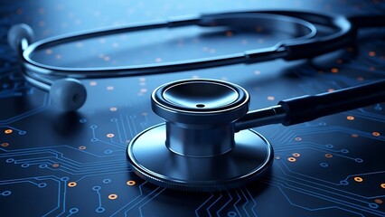 Stethoscope on circuit board with orange and blue details electronic medical