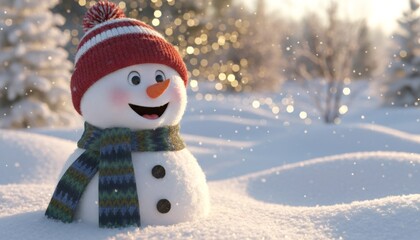 Joyful Animated Snowman with Hat and Scarf in Bright Winter Landscape