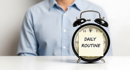 Alarm Clock with Daily Routine Note on Desk Next to Person.