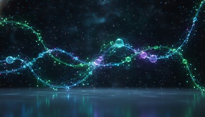Abstract glowing wave of connected particles and spheres on dark background.