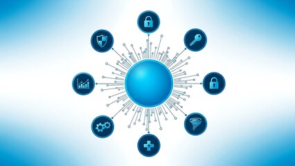 Blue connected to central sphere on white background security